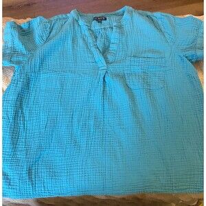 J Crew 100% Cotton Gauze Popover Womens Size XL Teal Blue  V-Neck Shirt Beachy